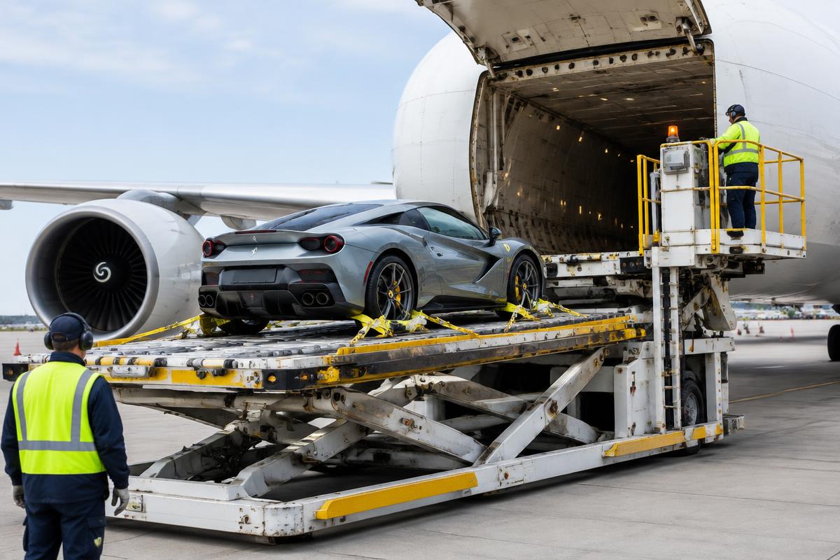 Sports car being loaded onto a cargo aircraft platform