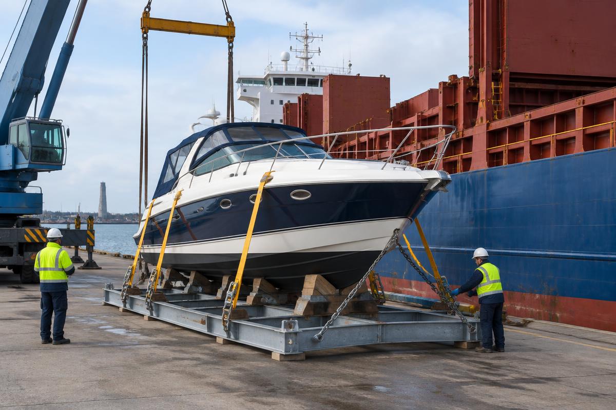 Motor yacht secured on a cradle beside a cargo vessel