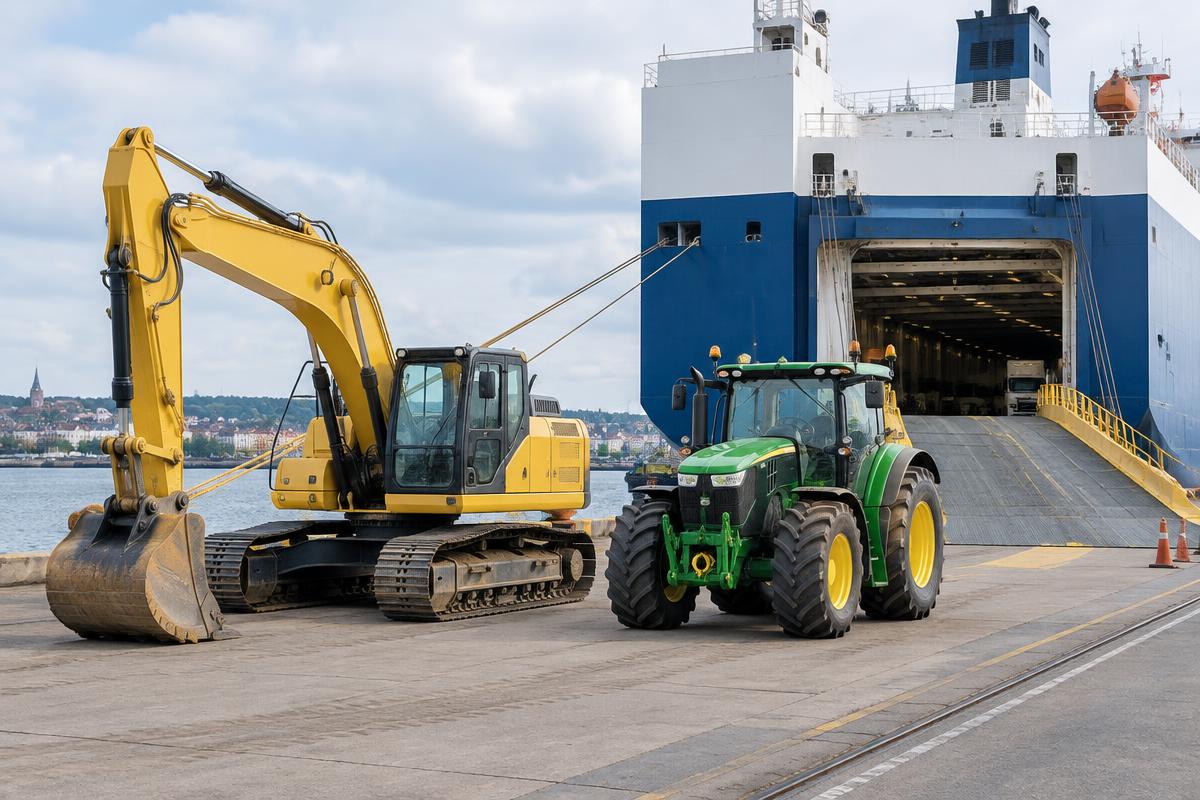 Excavator and tractor beside a roll-on roll-off cargo vessel
