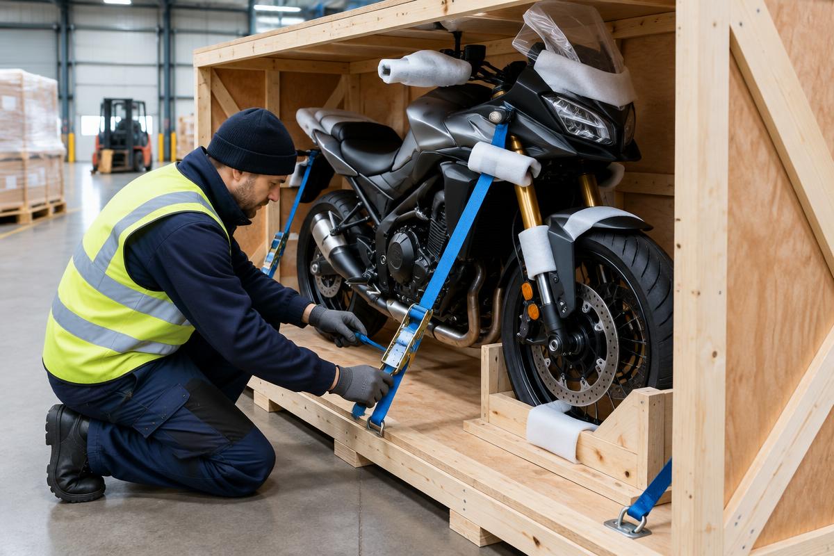Motorcycle secured inside a timber export crate at a UK warehouse