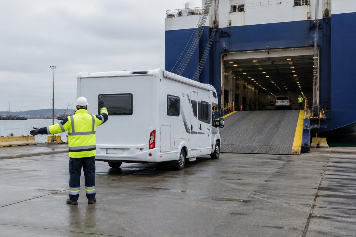 Motorhome approaching a roll-on roll-off vessel at a UK terminal