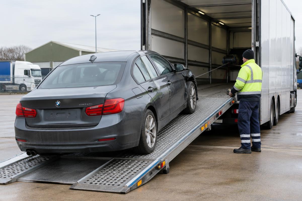 Non-running car being winched onto a vehicle transporter