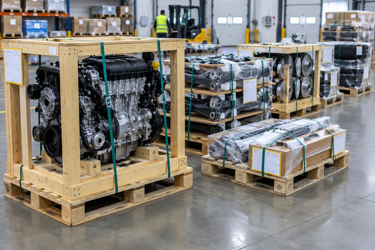 Automotive engine and vehicle parts secured on export pallets
