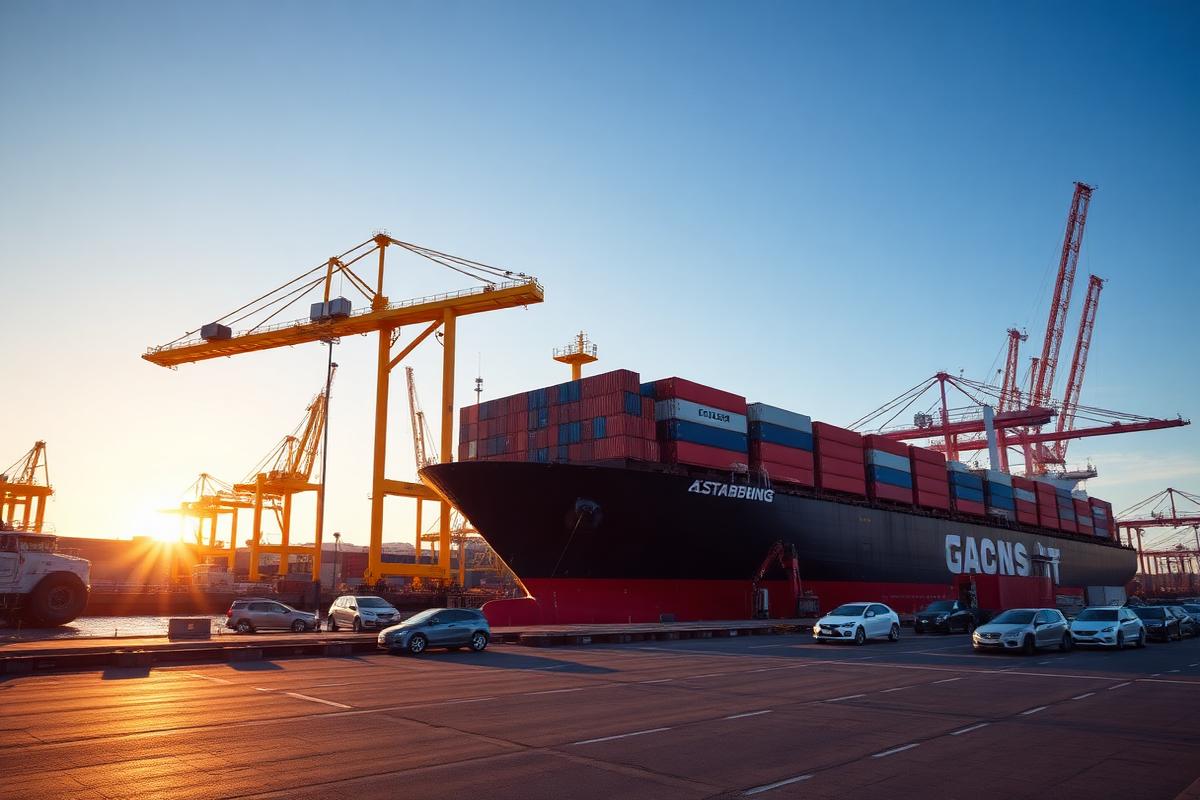 Container vessel berthed at a European port at golden hour
