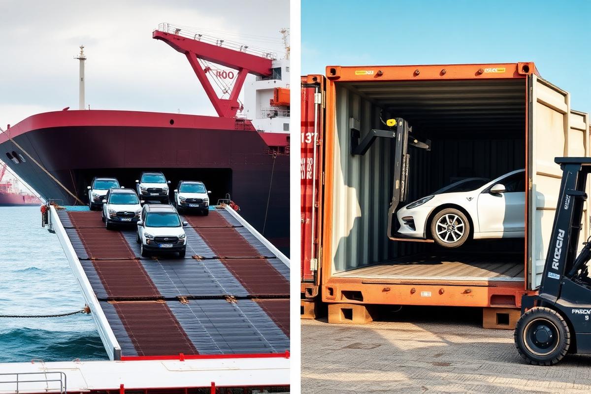 Side by side: a RORO vessel loading cars and a shipping container being loaded with a car by forklift