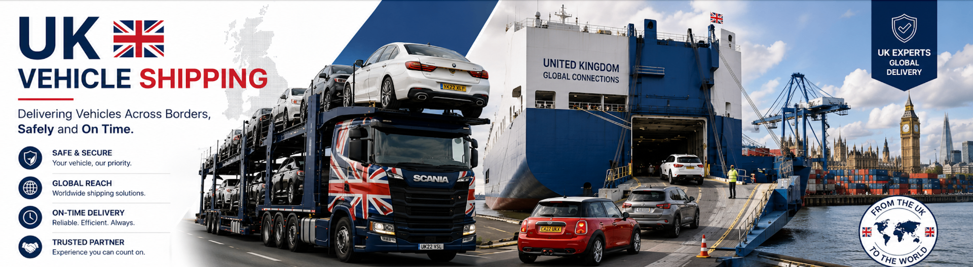UK vehicle shipping — Scania car transporter loading vehicles onto a United Kingdom RORO carrier at the Port of London with Big Ben skyline