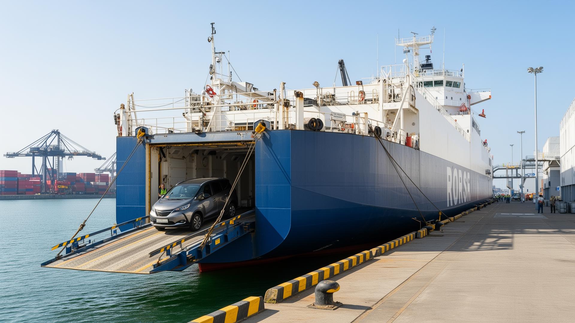 Vehicle being loaded onto a RORO cargo ship at port