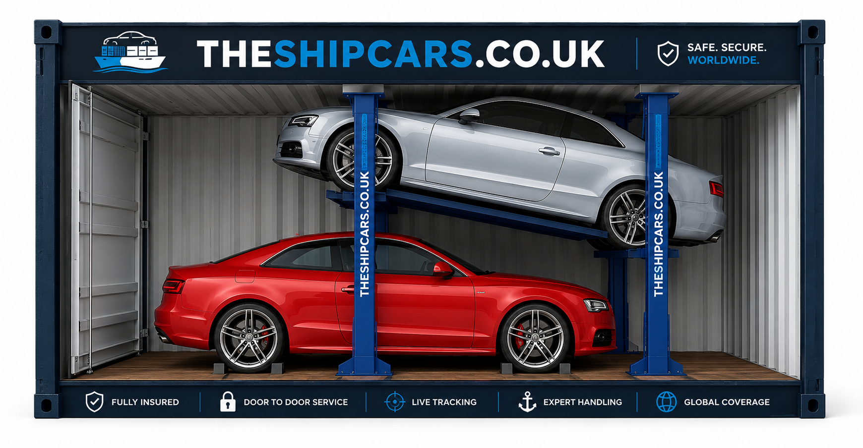 Silver and red Audi S5 coupes stacked on an R-Rak frame inside a 40ft high-cube shared container from the UK