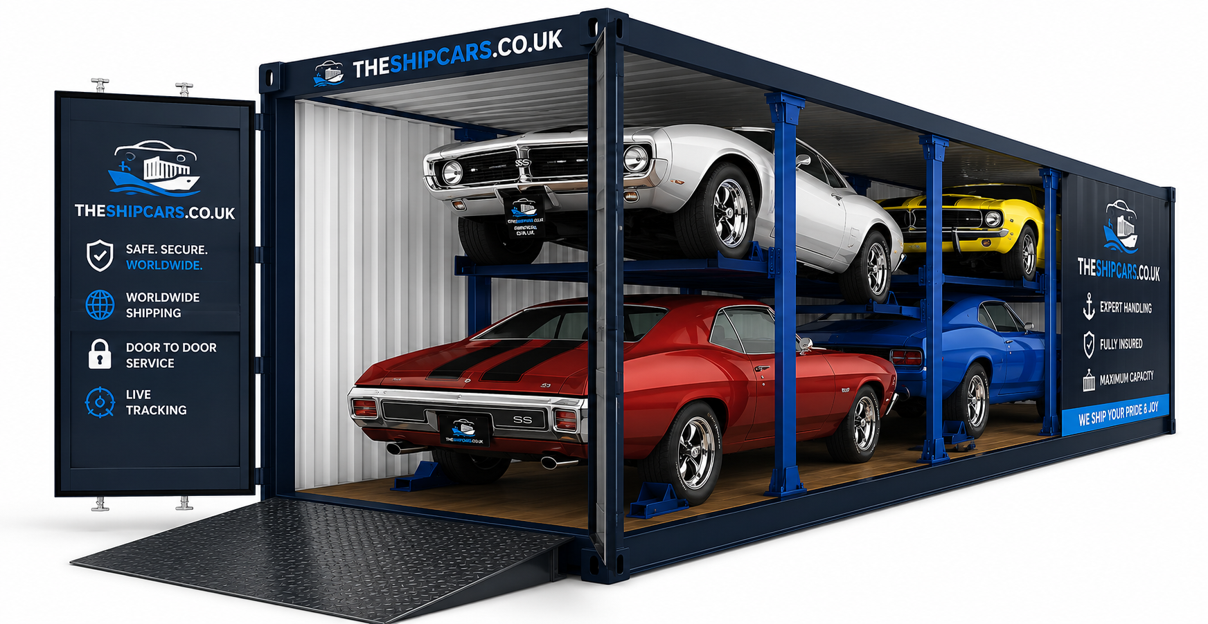 Four classic American muscle cars loaded inside a 40ft shared container for export from the UK to the USA under the 25-year rule