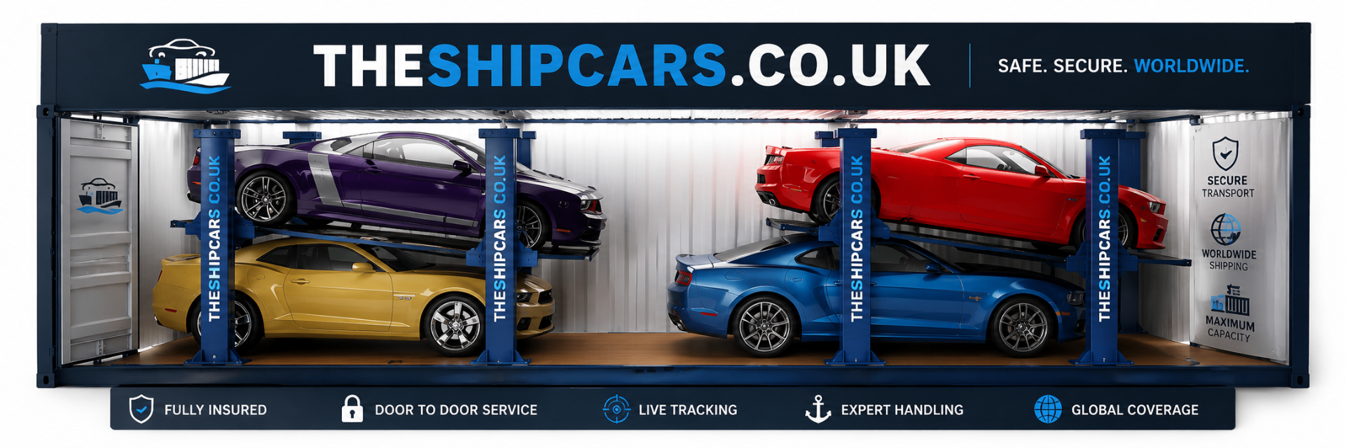 Cutaway of a 40ft shared container with four stacked muscle cars showing R-Rak racking and bracing for shared container shipping from the UK