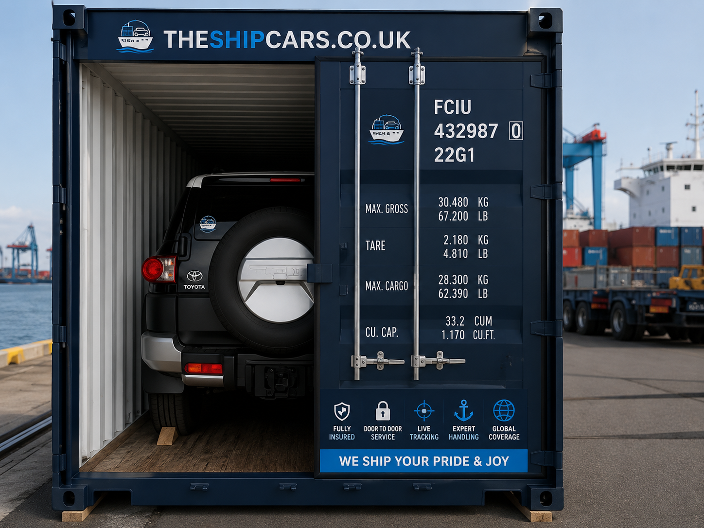 Black Toyota FJ Cruiser loaded into a 20ft shared container at a UK port with The Ship Cars branding for shipping to UAE